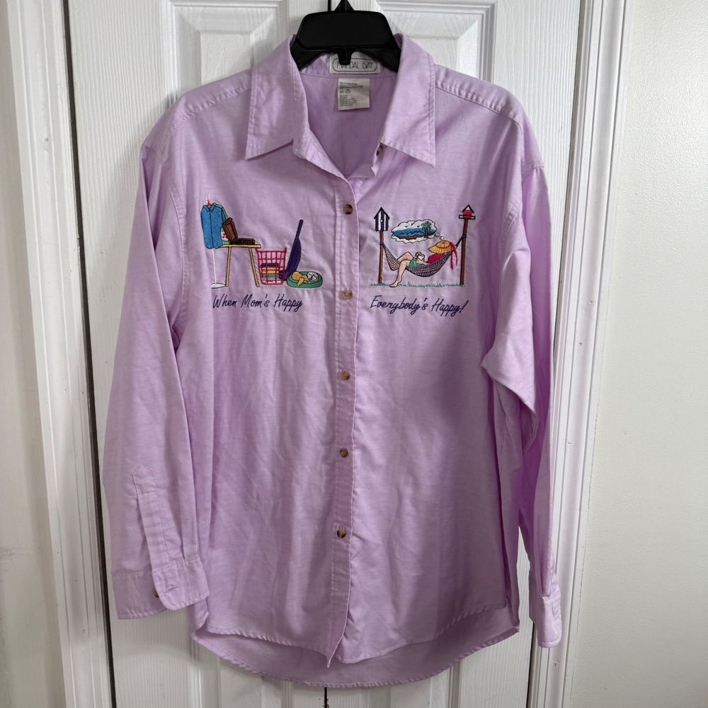 Mandal Bay Embroidered Button Down Shirt L/XL Purple Vintage Mom Life Kitsch